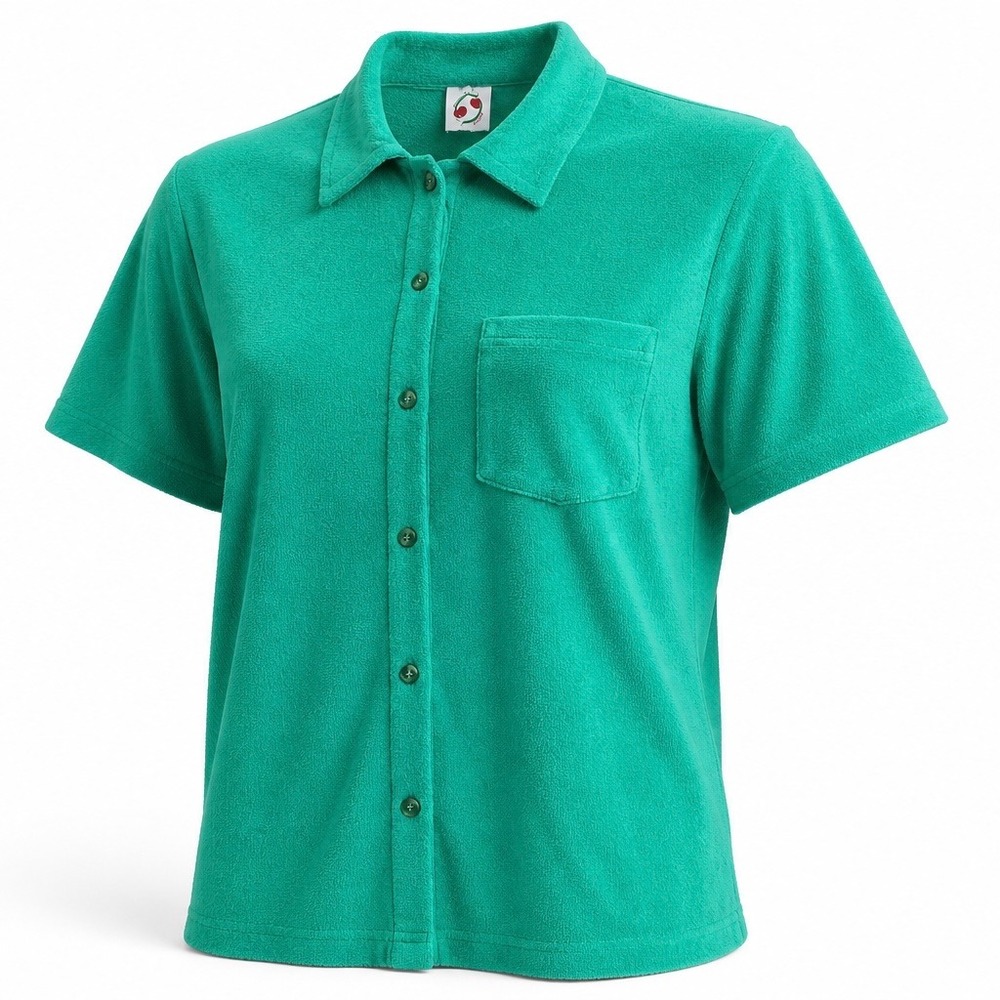 Highrack Sublime Kelly Green Terry Cloth Button Up Short Sleeve Shirt Size 14